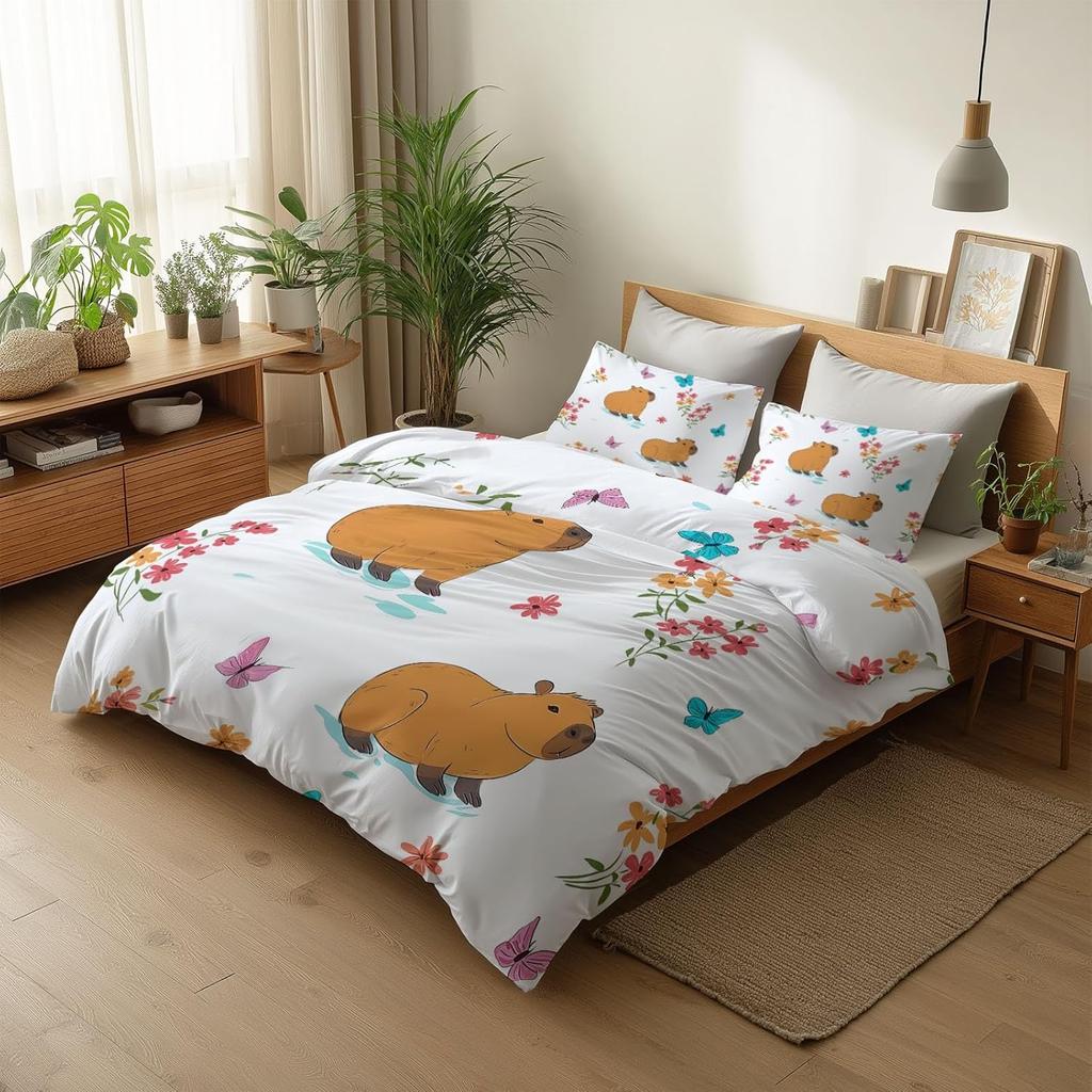 Animal Capybara Flowe Kids Duvet Cover Teens Quilt Cover Set, Bedding Set Comforter Covers For Bedroom Decor Gifts Children