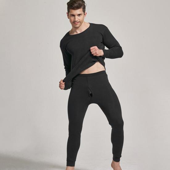 2 Pcs/Set Winter Men Thermal Underwear Set Round Neck Long Sleeve Warm Thick Pure Color Slim Fit Elastic Open Crotch Men Pajamas Set Homewear Clothing