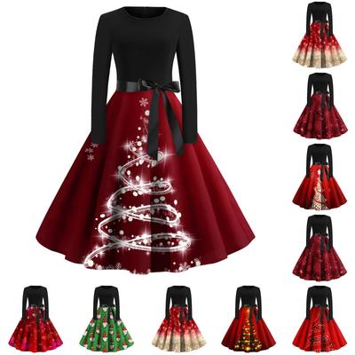 Women's Casual Fashion Round Neck Long Sleeve Christmas Printed Vintage Long Dress
