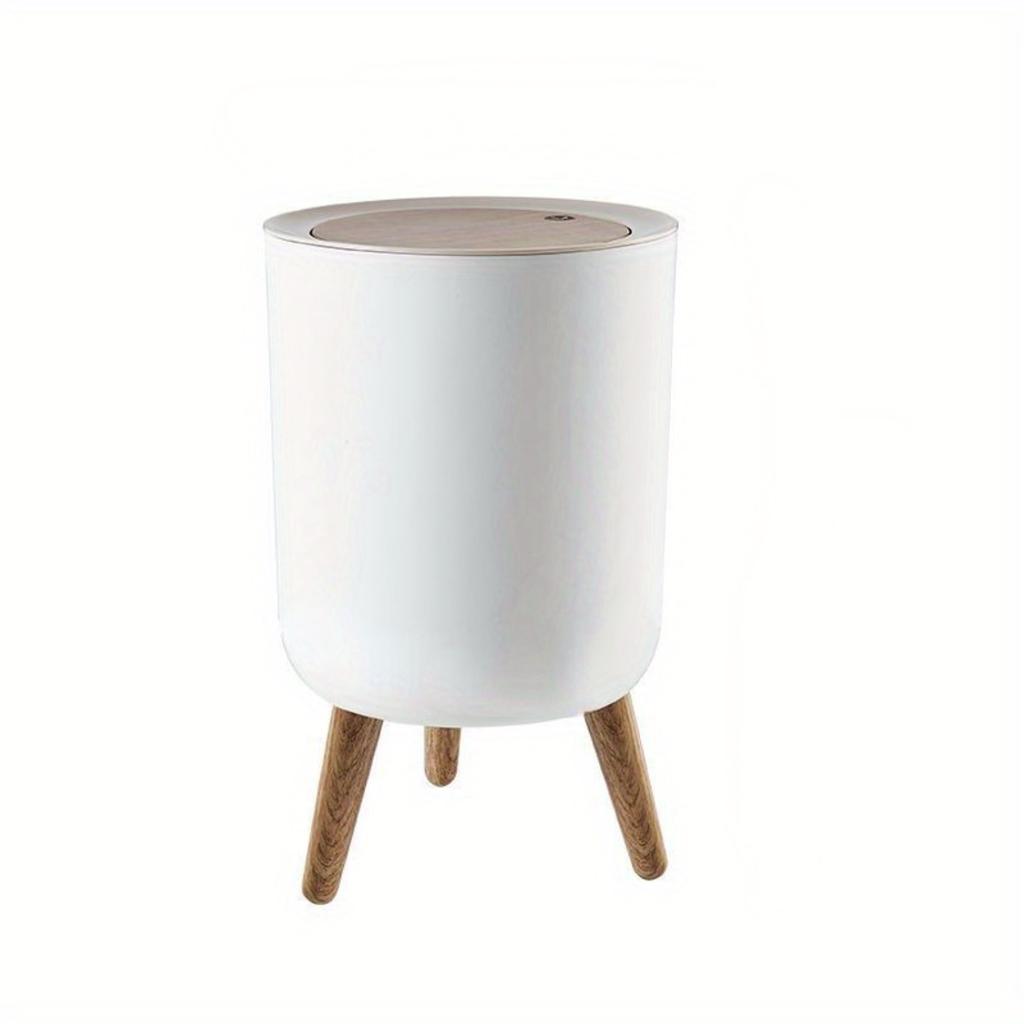 1pc Free-standing Garbage Can, Press Type Trash Can With Lid, Creative High Legged Circular Household Wastebasket, Essential