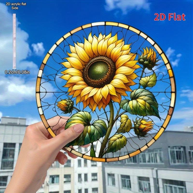 Sunflower Sunset Mountain Scenery Sun Catcher Stained Round Acrylic Hanging Decoration Suitable for Window Suncatcher Door, Four Seasons Decoration