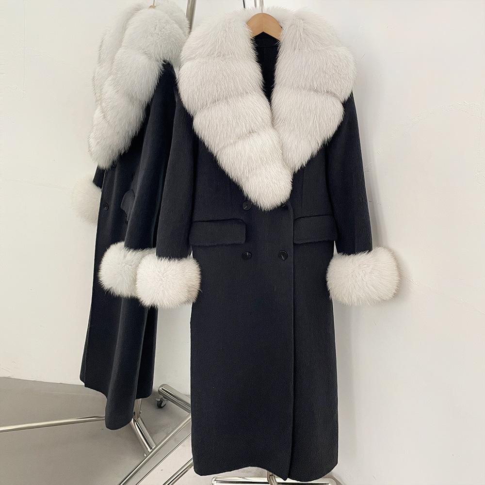 Atmosphere Detachable natural real fox fur collar wool coat women's new winter warm woolen coat