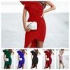 Elegant One-Shoulder Ruffle Slit Pleated Party Dress for Autumn/Winter