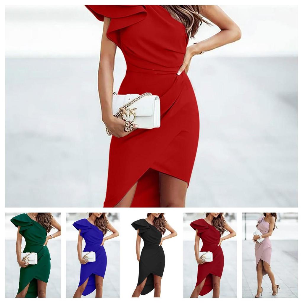 Elegant One-Shoulder Ruffle Slit Pleated Party Dress for Autumn/Winter