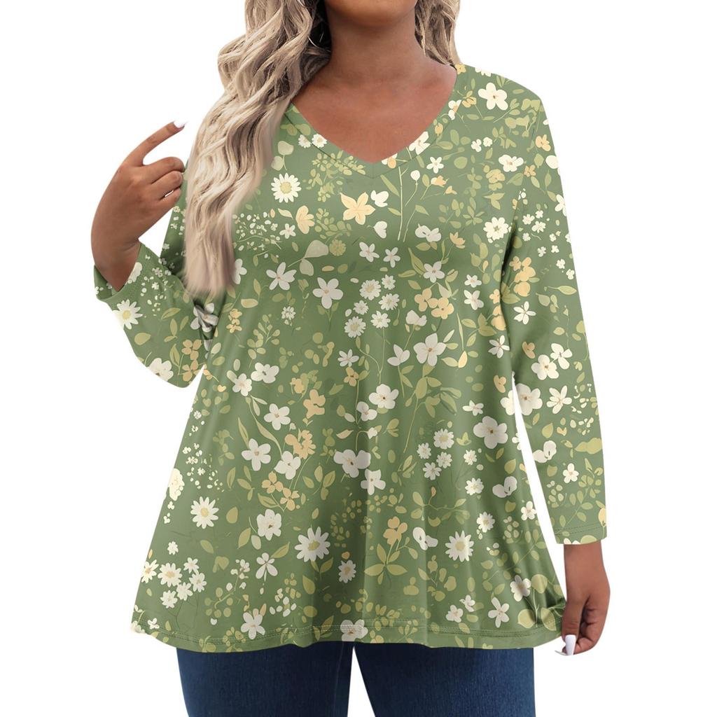 Women's Fashionable Casual Long Sleeved Plus Size Floral Print Top Plus Size Floral Print Top