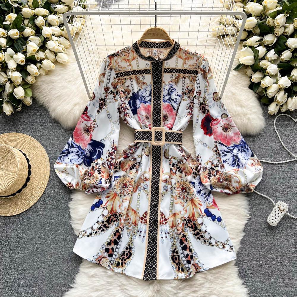 

RUGOD Высококачественное ретро-платье с воротником-стойкой и принтом на весну и осень, женское платье трапециевидной формы с кружевным поясом и рукавами-фонариками