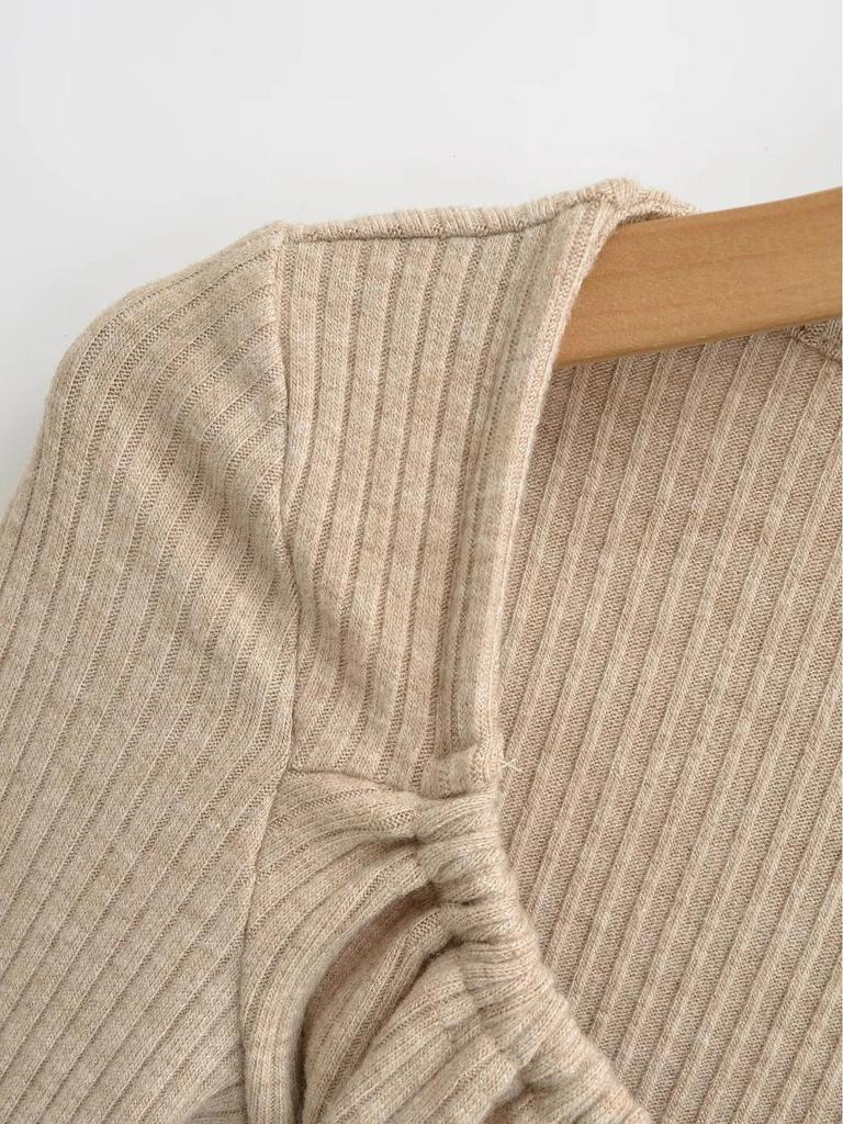 Women's Lace-Up U-Neck Slim Fit Long-Sleeve Ribbed Knit Top for Spring/Autumn