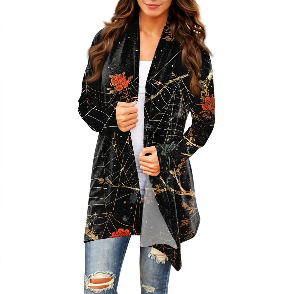 Women's Casual Halloween Printed Long Sleeve Mid-Length Cardigan Jacket for Fall