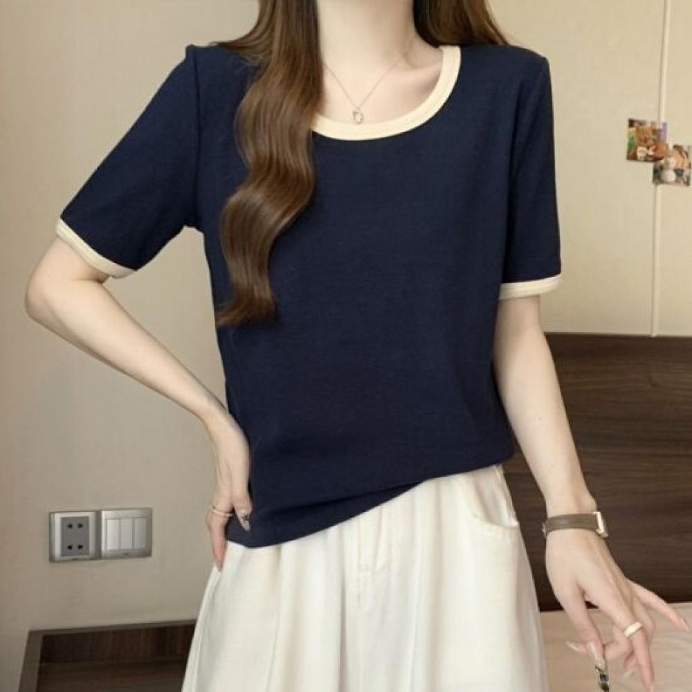 Navava Women Simple Daily Color Block Round Neck ShorT Sleeve T shirT nT3297