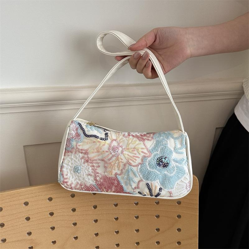 Women Floral Sequin Embroidery Shoulder Bag Luxury Sparkling Purse for Cocktail Party Prom Formal Events
