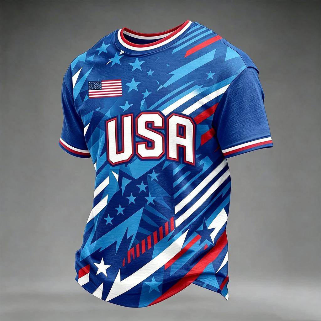Men's Casual Printed Crew Neck Lightweight Breathable Short Sleeve T-Shirt USA Flag Design Soccer Patch 2026 Number Graphic