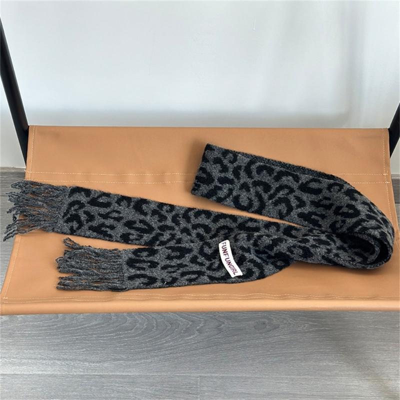 Vintage Leopards Print Tassels Scarf Soft Acrylic Neckerchief Warm Fashion Scarves for Women Warm Accessory