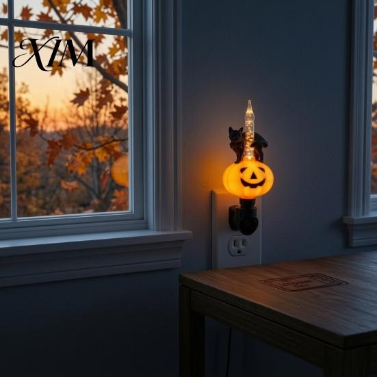 Decorative Night Lamp Black Cat Pumpkin Light for Halloween, LED Light-up Glowing Ambient Plug-in Lamp, Holiday Party Decor Warm Glow