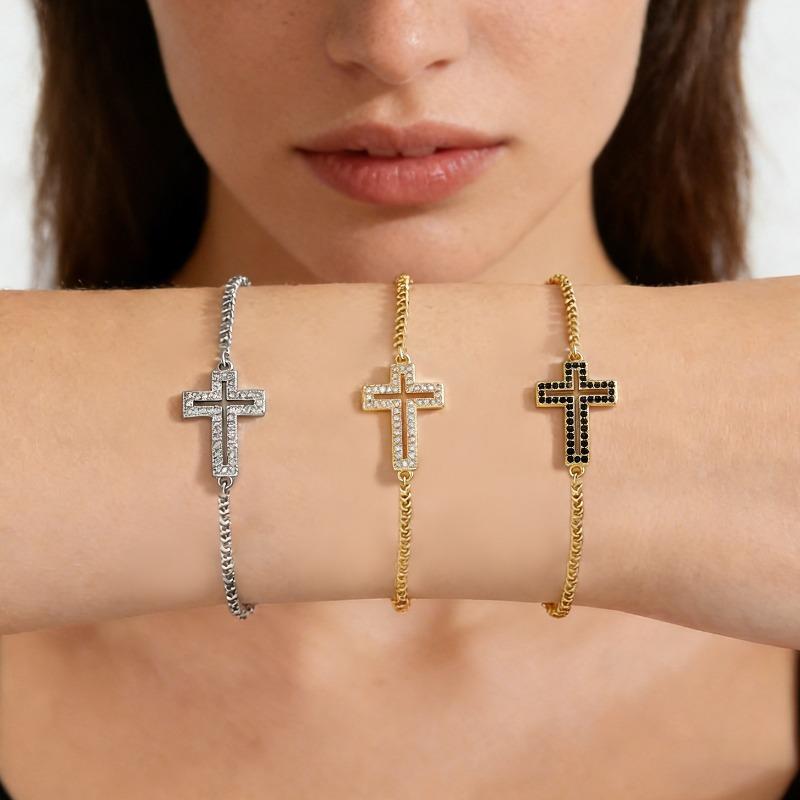 Electroplated Cross Bracelet with Hollow Design, Handcrafted Jewelry Featuring Zirconium Stones, Adjustable Bracelet