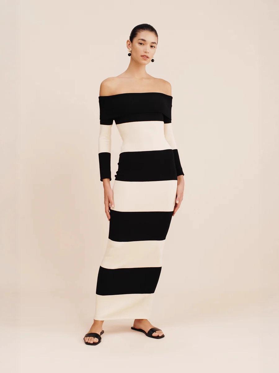 Women s Black & White Knit Stripe One-Shoulder Bodycon Tube Top Dress Medium