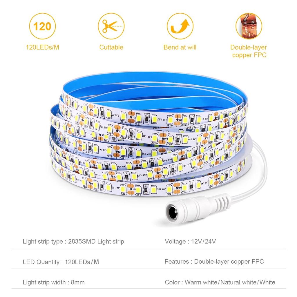 DC 24V 12V LED páskové světlo SMD 2835 120LEDS/M Flexibilní páska pro zakřivení kolem ohybů Diodová páska Dvouvrstvá měděná FPCB lampa