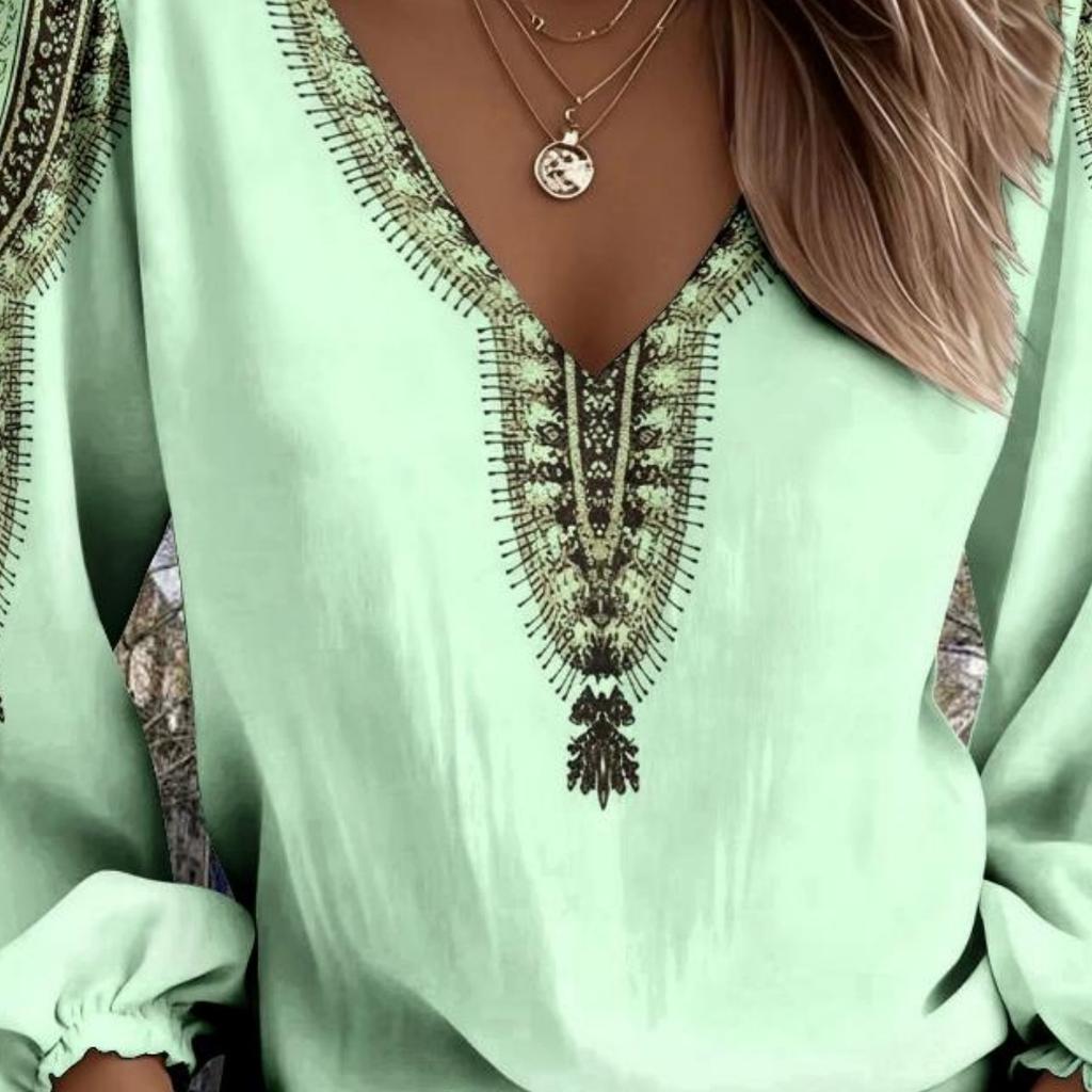 Lady's Vintage Western-style Printed Blouse, V-neck Long Sleeves, Suitable for Summer Vacations and Outdoor Gatherings