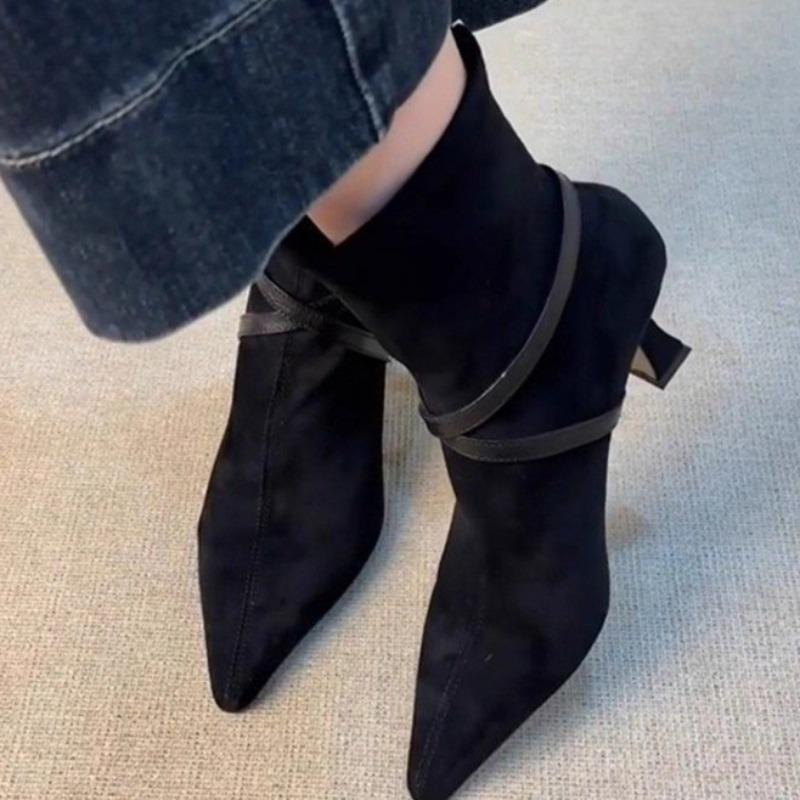 Mode Mittelhohe Absätze Damen Spitzzehen Stiefeletten Mode Wildleder Schnallenschuhe 2025 Neu Elegant Chelsea Kurze Stiefel Winter Pumps Zapatillas