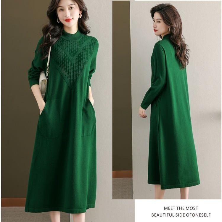 Autumn Winter Women's Plus-Size Sweater Dress Solid Color Loose Half Turtleneck Long Knitted Dress with Pockets