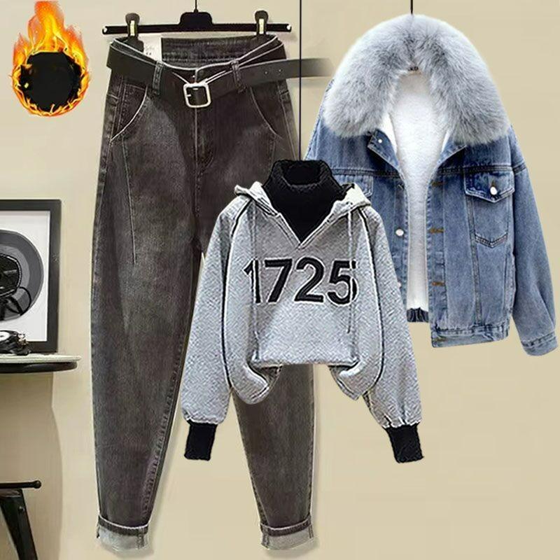 Winter Fur Collar Lamb Wool Denim Jacket Plus Velvet Thick Down Cotton Jacket Jeans Fashion Suit Three-piece Women