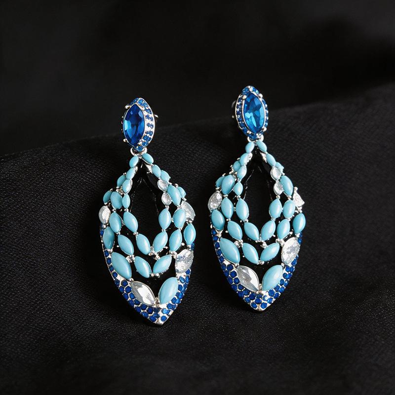 High-End European & American Silver Needle Diamond Water Drop Pendant Earrings
