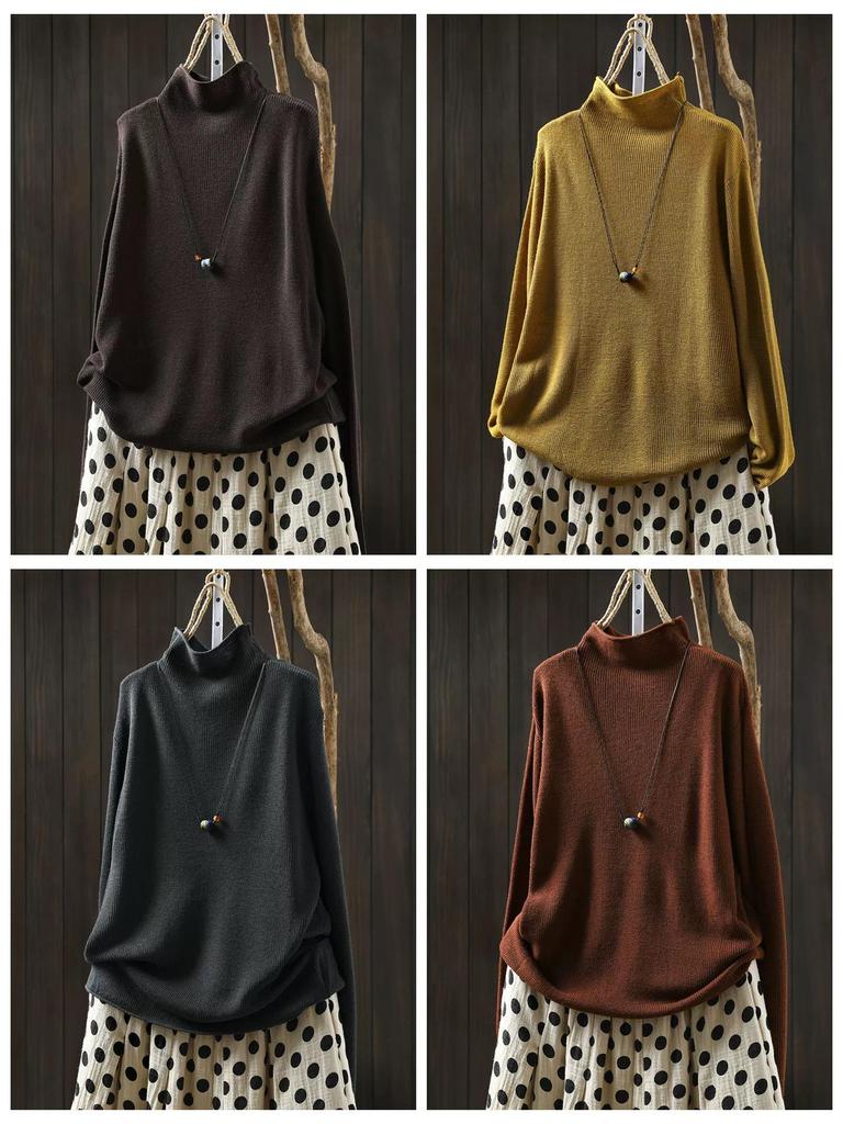 Women's Retro Color Block Striped Knit Sweater, Autumn 2025: Half High Neck, Long Sleeve Wool Pullover