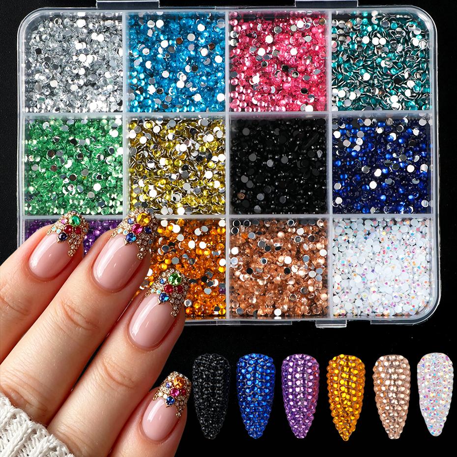 Xiaomi 12 Grids Colorful Flatback Nail Art Rhinestones Mixed Color Sparkly Flatback Resin Rhinestone Nail Charms Wedding Decorations