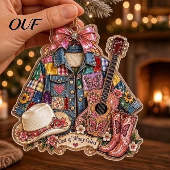 Western Cowboy Tree Decoration Guitar Hanging Ornament, 2D Flat Acrylic Pendant, or Country Music Theme, Small Gift for Musicians Hat Boots Christmas