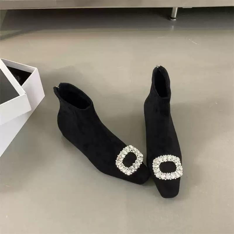 Fashion Rhinestone Square Buckle Suede Women's 2025 Autumn and Winter New Inner Heightening and Slimming Fashion Boots Skinny Boots