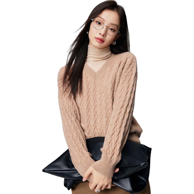 Paro Women's 100% Cashmere Cable Knit V-Neck Sweater