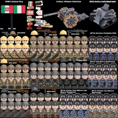 MOC WK2 Italienische Soldaten Figuren Bausteine Italien Armee Infanterie Offizier Waffen Pistole Umhang Helme Panzerkanone Steine Spielzeug