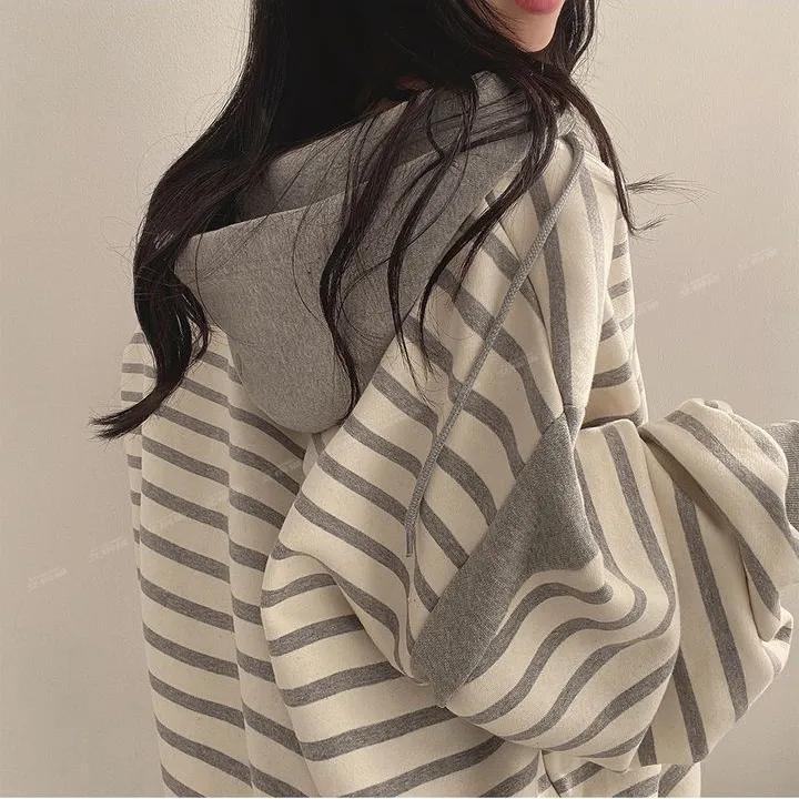 Spring and Autumn Women's Striped Hoodie Casual Long Sleeve Sweatshirt Vintage Oversized Hoodies