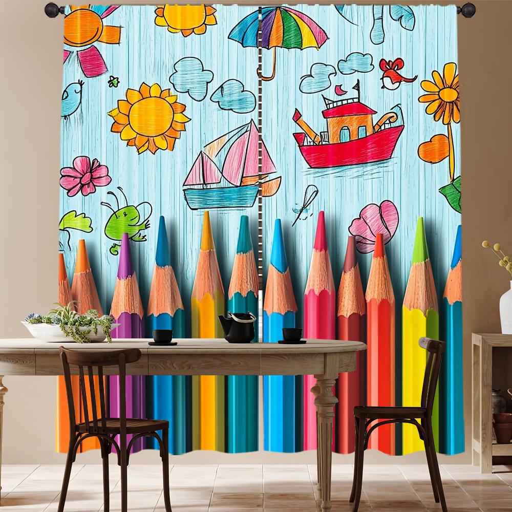 2pcs, Spring Summer Curtains Crayon Art Art Digital Print Drapes Fabric Versatile All Use for Bedroom, Kitchen, Office & Living