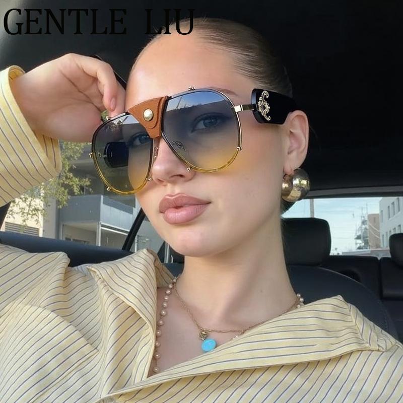 Steampunk Oversized Vintage Pilot Sunglasses Women 2026 Luxury Brand Oval Shield Eyewear Goggle Shades Driving Leather Sunglass