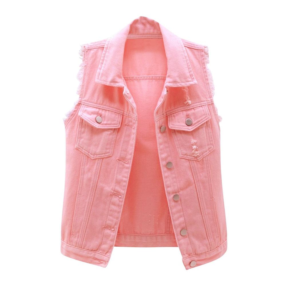 Women's Fashion Solid Color Sleeveless Pocket Short Style With Frayed Edges And Holes Cardigan Vest Jacket