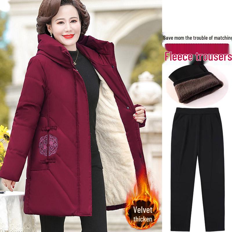 Red Mid-Length Winter Jacket for Middle-Aged and Elderly Women - Thick, Cotton-Padded, Suitable for Spring and Autumn