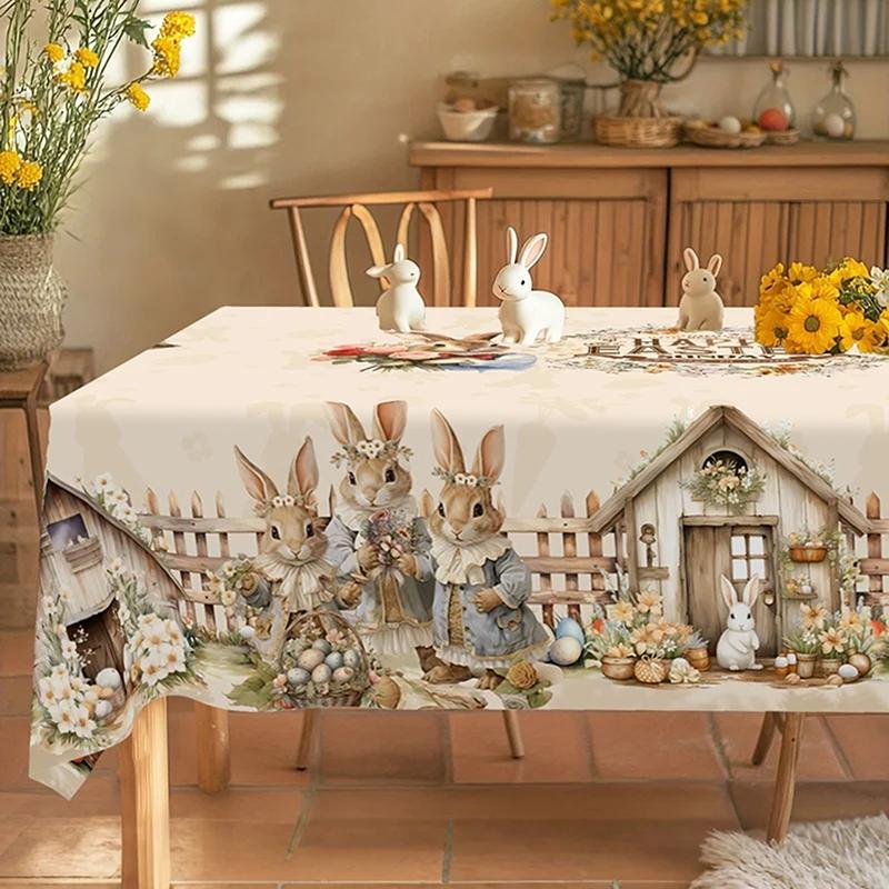 Vintage Easter Bunny Eggs Tablecloths Holiday Party Decor Spring Floral Rectangle/Round Table Cover Easter Decorations For Home