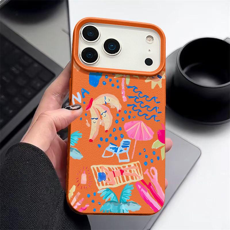 For iPhone 17 Pro Max Case Luxury Cartoon Vacation Painting Leather Texture Silicone Cover For iPhone 16 Pro Max 15 14 13 12 11 16E Air