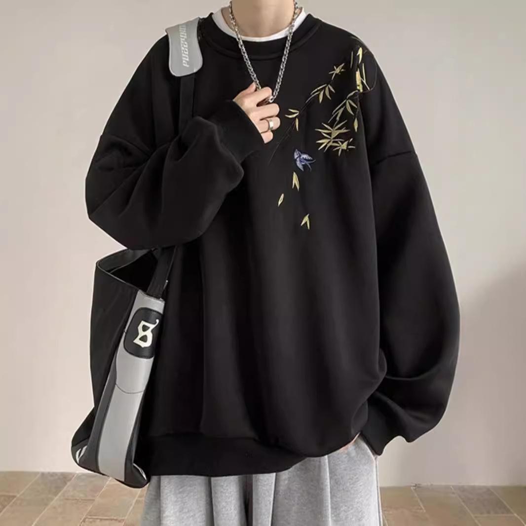 

Chinese Bird Print Men Oversized Sweatshirt Fashion Loose Long Sleeve Couple Clothes S