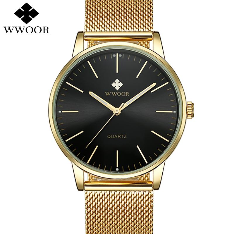 WWOOR Gold Watches Ultra Thin Simple Men Quartz Watches Waterproof Mesh Belt Full Stainless Steel Wristwatch