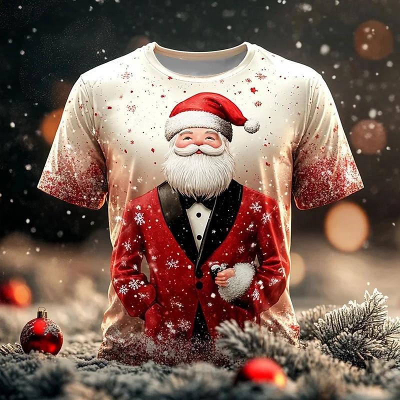 Christmas Men's T-shirt 3D Printed Casual Short Sleeved T-shirt Street Fashion Round Neck Pullover Men's Oversized Sports Shirt