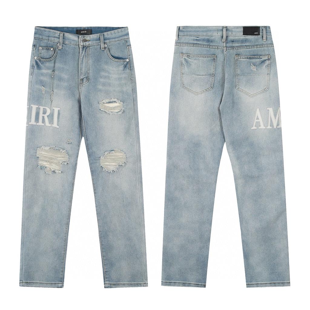 M06 Amiri Men's and Women's American Style Trendy Jeans with Fabric Patches, Holes, Embroidery, Casual and Fashionable High Street Pants