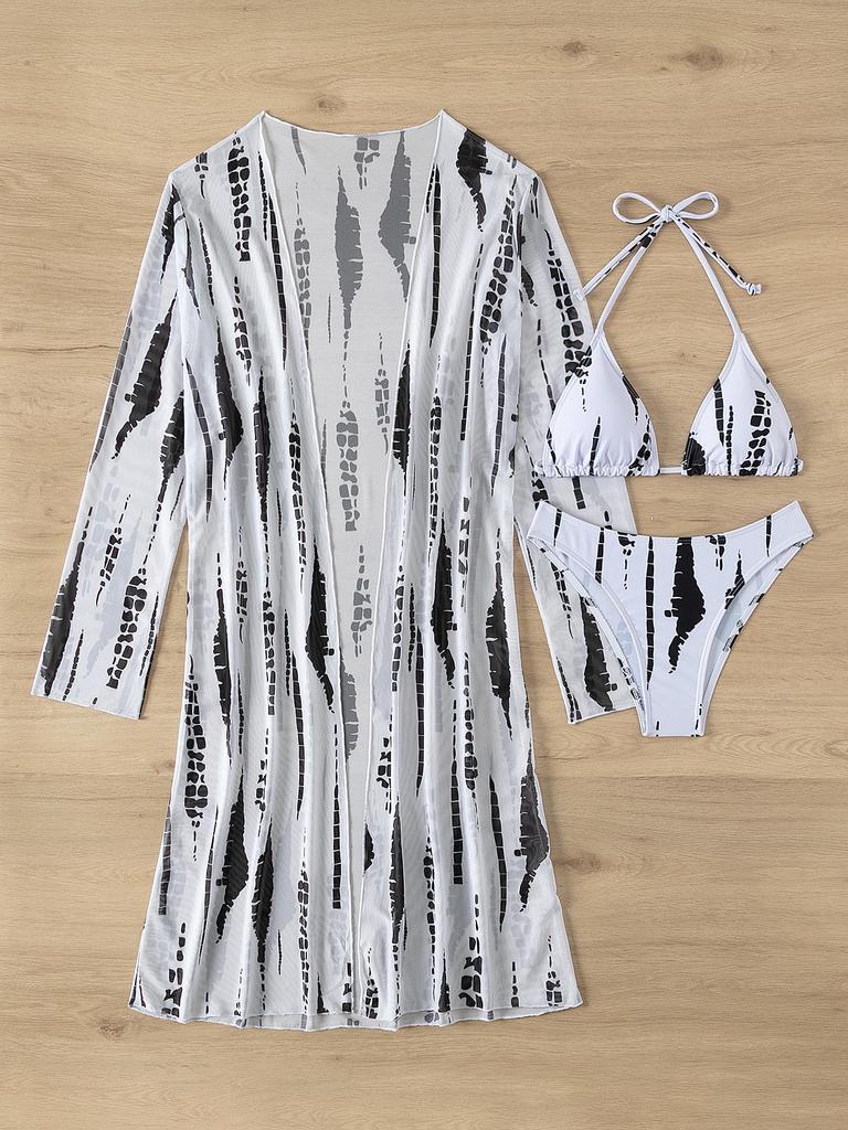 Dreiteiliges Bikini-Set im europäischen und amerikanischen Stil 2024 mit langärmeligem Sonnenschutz aus Mesh für Urlaub und heiße Quellen.