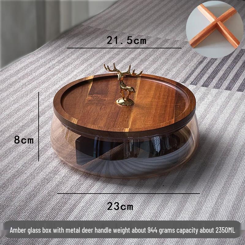Glass Candy and Nut Dish with Acacia Wood Stand Acacia Wood Stand, Deer Amber