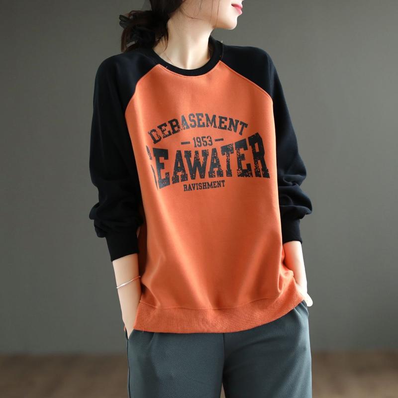 

Новый осенний модный тренд Лоскутная контрастная модель Круглый вырез Принт букв Свободный расслабленный Оверсайз Женский пуловер-свитер XXXL оранжевый