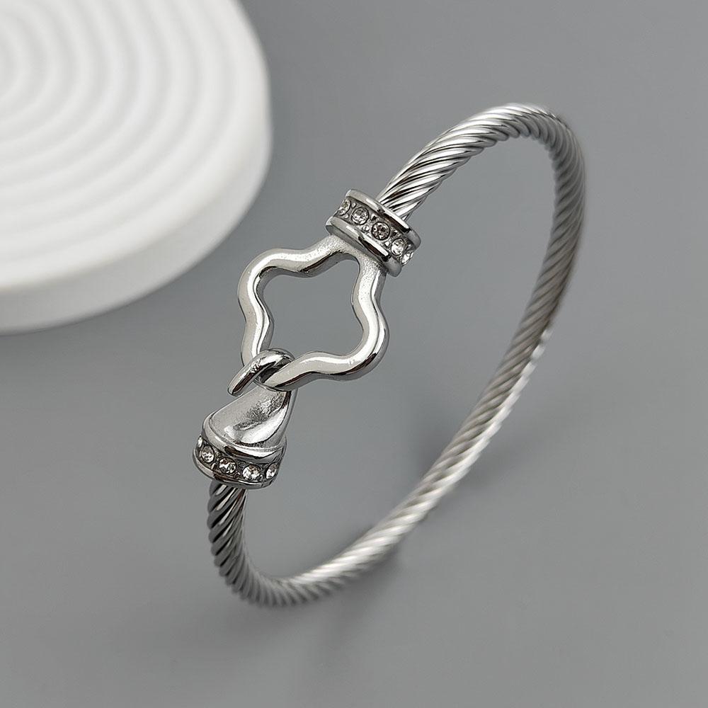 

New Steel Wire Button Zircon Four-leaf Clover Gold-plated Bracelet 18K, High-quality Waterproof Couple Bracelet, Wife Gift серебряный