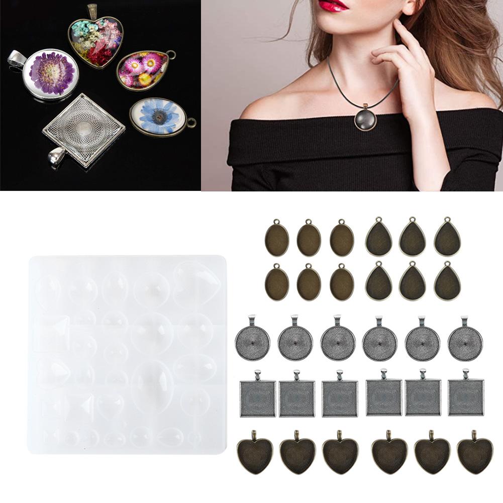 Alloy Round Oval Pendant Base Tray Silicone Mode Pendant Jewelry DIY Tool Set BH201863