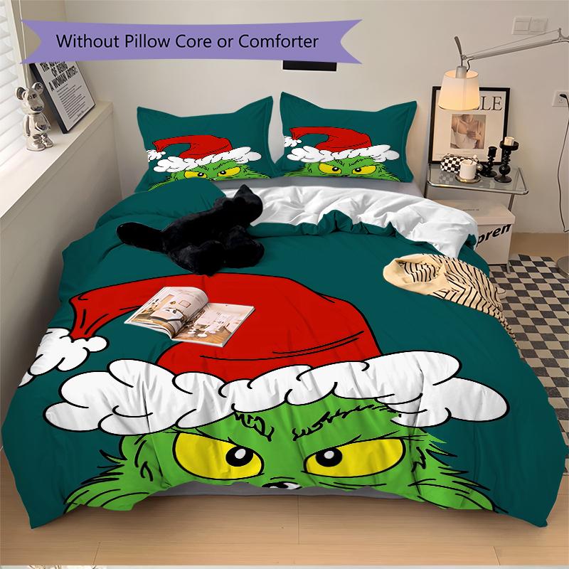 3Pcs Grinch Christmas Hat Bedding Sets For All Sizes New 3D Printed Bed Cover Comforter Duvet Cover Pillowcase Bedroom Decoration