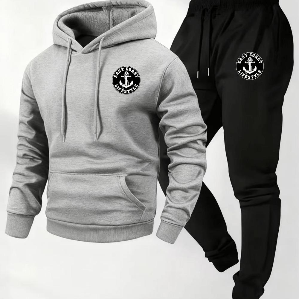 

Autumn and Winter Men s Hooded Sweatshirt and Sweatpants Set, Made of Knitting and Printed with Letter Patterns XXL