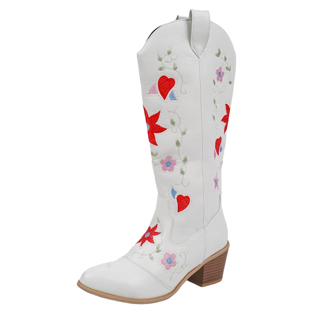 Damen-Stiefel mit mittlerem Absatz, bestickt, dicker Absatz, Leder-Cowboy-Stiefel, mittelhoch, Hundestiefel für Damen, mittelhoch